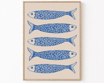 Blue Sardines Retro Kitchen Print: Fish Wall Art (Digital Download)