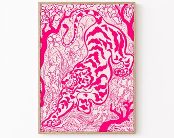 Pink Tiger Poster, Pink Wall Art, Retro Tiger Print, Tiger Poster, Pink Decor, Aesthetic Tiger Poster, Preppy Poster, Wall Decor, Room Decor