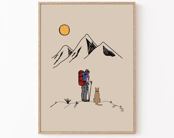 Hiking Poster, Woman Trekking with a Dog Wall Art, Trekking Poster, Mountain hiking, Inspirational Poster,Motivational Print,DigitalDownload