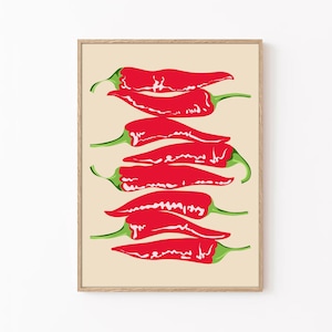 Chilli Print, Red Chilli, Pepper Poster, Red Decor, Retro Decor, Wall Art, Kitchen Wall Art, Kitchen Decor, Dining Room Print, Hot Chilli
