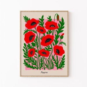 Cartel de amapolas, cartel rosa, estampado de flores rojas, arte de pared de amapolas, decoración de pared retro, decoración de pared de oficina, cartel de flores, arte de pared, poste vintage