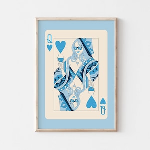 Queen of hearts funky retro art print apartment decor aesthetic poster trendy wall art print, blue preppy aesthetic wall art teen room decor
