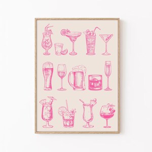 Retro Bar Cart Poster, Pink Bar Cart Poster, Bar Cart Print, Pink Retro Bar Print, Vintage Bar Cart Poster, Retro Bar Cart Wall Art, #2