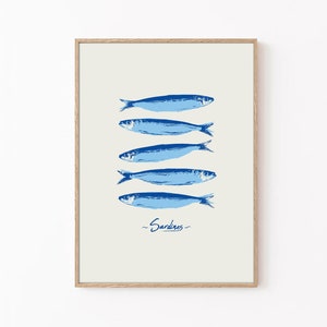 Retro Sardines Print: Light Blue Kitchen Wall Art (Digital Download)