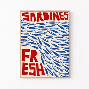 Blaue Sardinen Poster, Sardinen Wandkunst, Retro Sardinen Druck, Rot Blau Druck, Fisch Wandkunst, Küchendeko, Esszimmer Dekor, Retro Küche