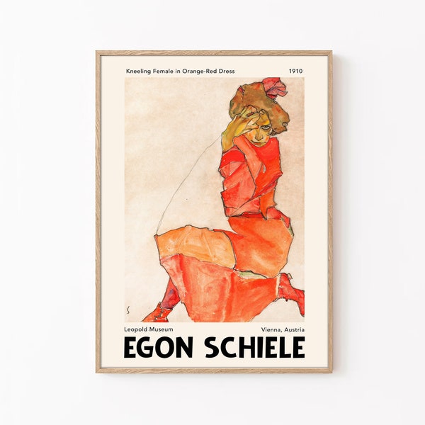 Egon Schiele Wall Art, Egon Schiele Poster, Retro Wall Art, Vintage Painting, Kneeling Female on Orange - Red Dress, Egon Schiele Print