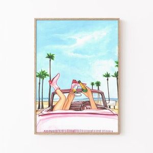 Coastal Cowgirl Print, Benen omhoog in de auto-poster, Bar Cart Poster, Champagne In de auto-print, Roze Cowgirl-laarzen, Waterkleur Handgeschilderd