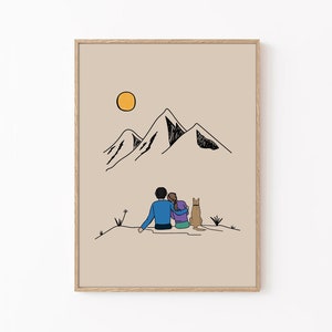 Paar Wandern Wandkunst, Wander Poster, Paar Trekking mit einem Hund Wandkunst, Trekking Poster, Bergwandern, Romantische Wandkunst