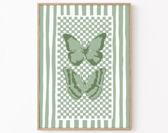 Sage Green Butterfly Print: Striped Preppy Wall Decor (Digital Download)