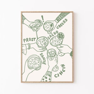 Saliegroen proost kunst, saliegroen decor, retro barwagen print, cheers print, cheers poster, wijnglasprint, bar cart print, bar accessoires