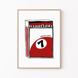 Vintage print biljartbal, poster Feeling Lucky, retro handgetekende muurkunst, trendy poster Lucky 7 Ball, rode kleurenprint, poster luciferdoosje