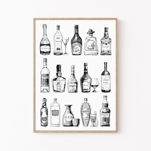 Retro Bar Cart Print: Vintage Alcohol Bottles Illustration (Digital Download)