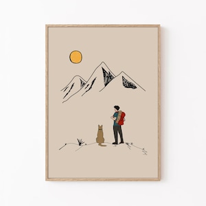 Wandelposter, mantrekking met een hond kunst aan de muur, trekkingposter, bergwandelen, inspirerende poster, motiverende print, digitale download