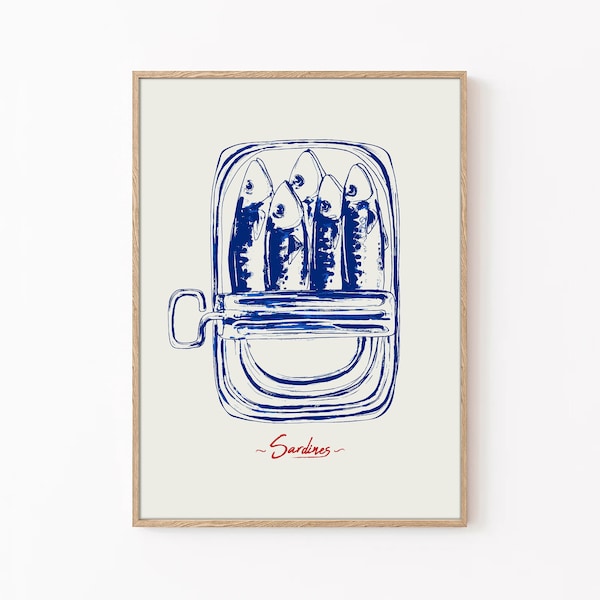 Blue Sardines Poster, Retro Sardines Print, Sardines Wall Art, Fish Wall Art, Trendy Retro Decor, Blue Colour Decor, Retro Kitchen Decor