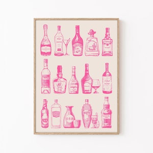 Pink Retro Bar Cart Print: Vintage Alcohol Bottles (Digital Download)