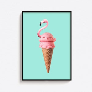 Sztuka ścienna Flamingo, elegancki wystrój akademika, różowa sztuka ścienna, wydruk sztuki retro, maksymalistyczna sztuka ścienna, eklektyczny wystrój domu, sztuka ścienna z lodami
