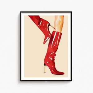 Trendy retro print, preppy kamer decor, vintage barwagen, rode laarzen kunst aan de muur, tijdschriftomslag esthetische, feministische poster