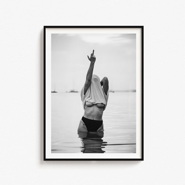 Feministische Print, Middelvinger Vrouw Print, Feministische Gift Art, Girl Power, Vloeken Print, Middelvinger op de oceaan, Strand print