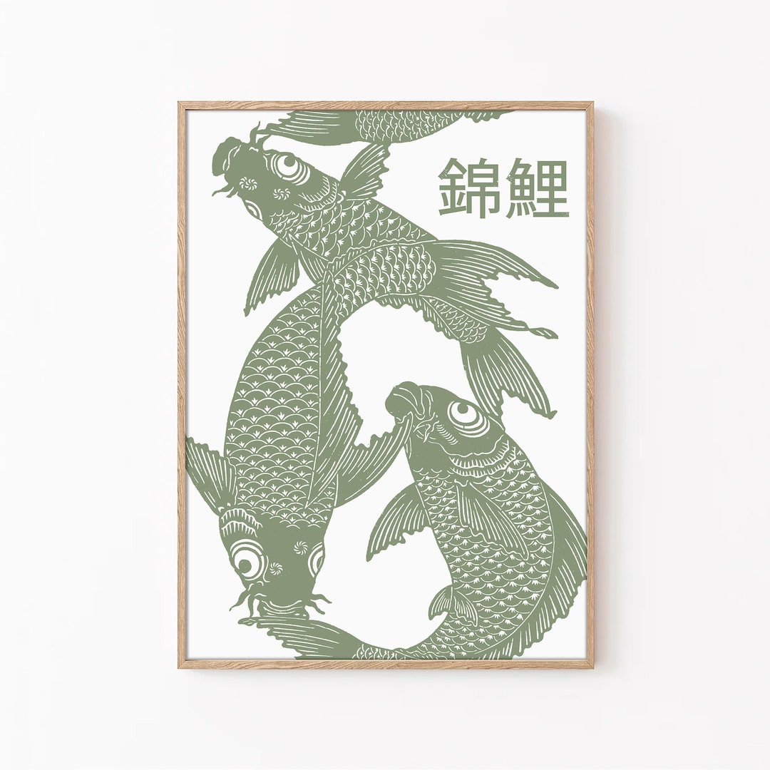 Koi Fish Print, Koi Wall Art, Sage Green Color Decor