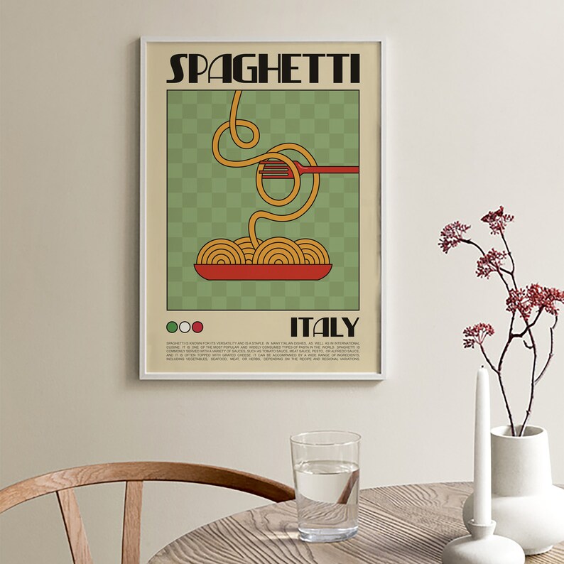 Spaghetti Retro Poster, Nudeln Druck, Spaghetti Wandkunst, Retro Food Illustration, Küche Wandkunst, Nudeln Wandkunst, Retro Nudeln Poster Bild 4