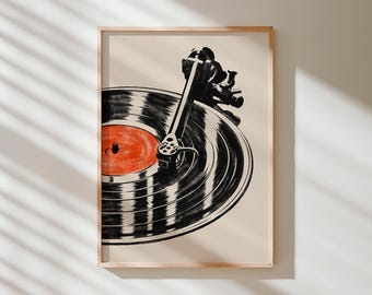 Lámina decorativa de vinilo con diseño retro de tocadiscos, ideal para decorar una sala de música o para audiófilos (descarga digital).