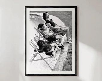 Resting with Chimpanzee, Pet Portrait, Sunbathing, Black and White Wall Art, Funny Wall Art, Fun, Kid, Women