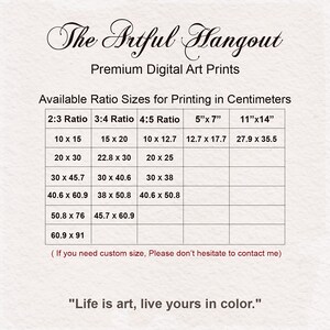 May include: A chart showing available sizes for digital art prints in centimetres. The chart lists different aspect ratios, including 2:3, 3:4, and 4:5, with corresponding dimensions in centimetres. The chart also includes sizes for 5" x 7" and 11" x 14" prints. The text at the bottom of the chart reads "Life is art, live yours in colour."