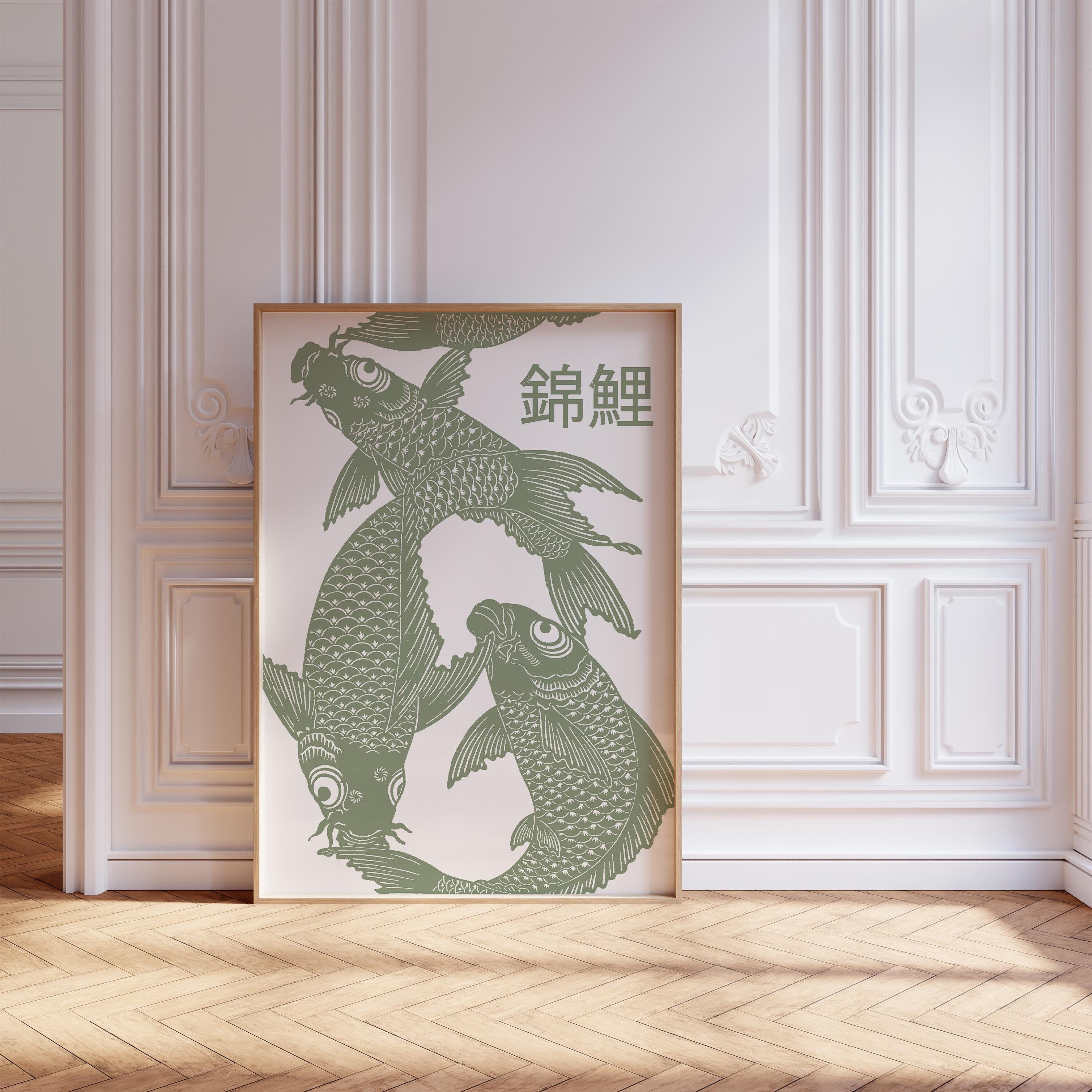 Koi Fish Print, Koi Wall Art, Sage Green Color Decor
