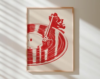 Red Turntable Vinyl Wall Art, Retro Music Room Decor (Digital Download)