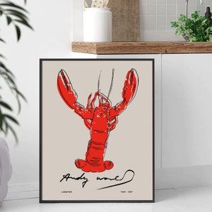 May include: A black and white line drawing of a red lobster with Andy Warhol's signature and the text "LOBSTER 1928 - 1987".