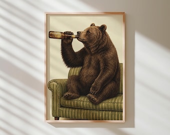 ワインを飲む面白いクマのアートプリント：ホームバーの装飾（デジタル