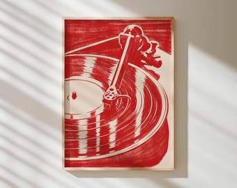 Sztuka ścienna z winylu, sztuka z gramofonem, nadruk z gramofonem, dekoracja pokoju muzycznego, sztuka ścienna z DJ-em, czerwona sztuka ścienna, nadruk z muzyką retro, nadruk z płyty winylowej
