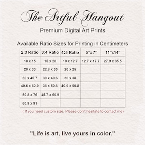 May include: A print featuring size options in centimetres for digital art, including 2:3, 3:4, and 4:5 ratios, plus 5"x7" and 11"x14" sizes. The text "The Artful Hangout" is at the top, with the tagline "Life is art, live yours in colour."