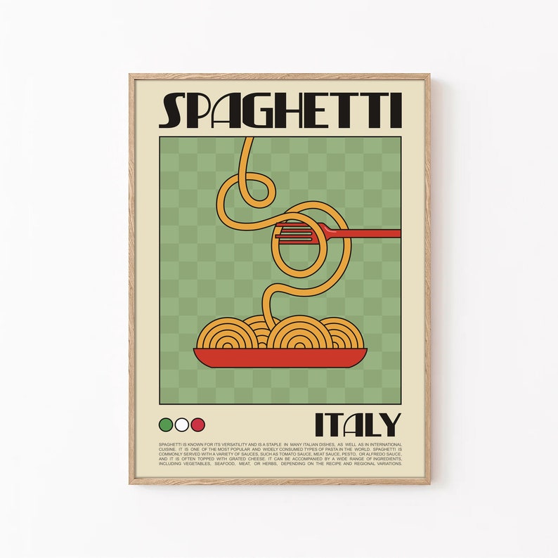 Spaghetti Retro Poster, Nudeln Druck, Spaghetti Wandkunst, Retro Food Illustration, Küche Wandkunst, Nudeln Wandkunst, Retro Nudeln Poster Bild 1