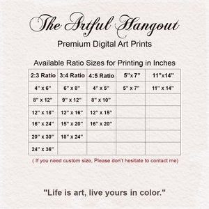 May include: A chart showing available print sizes for digital art prints in inches. The chart is divided into four columns, each representing a different aspect ratio: 2:3, 3:4, 4:5, 5"x7", and 11"x14". The chart lists various print sizes in inches, ranging from 4"x6" to 24"x36". The text "Life is art, live yours in colour." is at the bottom of the chart.
