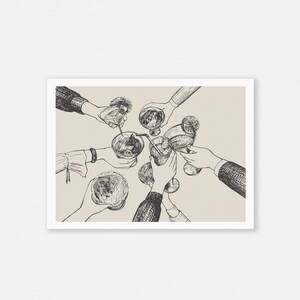 May include: A black and white line drawing of six hands holding up glasses of cocktails and clinking them together in a toast.