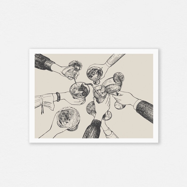 May include: A black and white line drawing of six hands holding up glasses of cocktails and clinking them together in a toast.