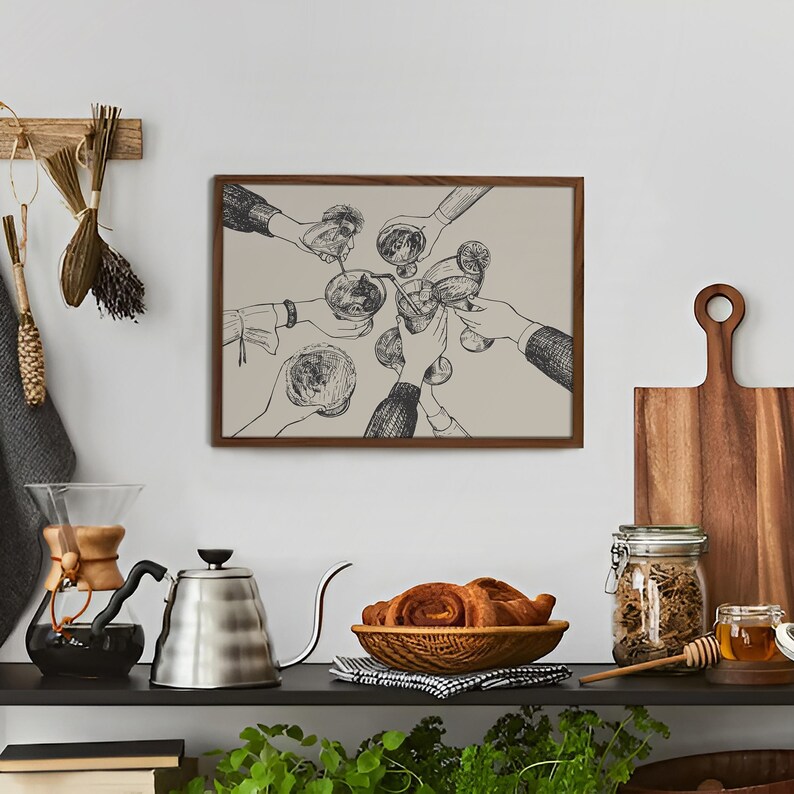 May include: A framed black and white illustration of six hands holding up glasses of drinks, with a beige background.