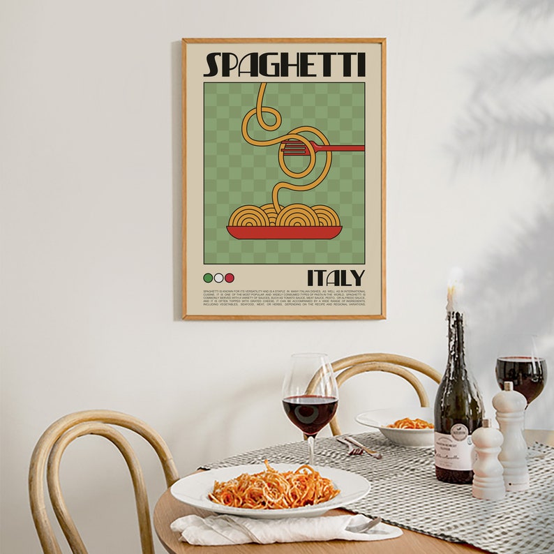 Spaghetti Retro Poster, Nudeln Druck, Spaghetti Wandkunst, Retro Food Illustration, Küche Wandkunst, Nudeln Wandkunst, Retro Nudeln Poster Bild 3