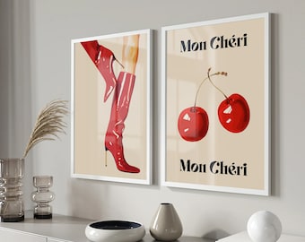 Mon Cheri Cherry Poster: Retro Trendy Red Print (digital Download