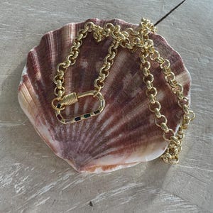 May include: A gold-colored chain necklace with a large clasp featuring colorful rectangular accents. The necklace is displayed on a large, textured seashell with shades of brown and pink.