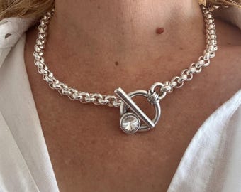 Swarovski crystal toggle silver necklace/ rolo- belcher chain