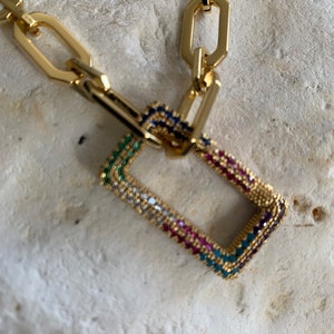 18k gold plated links chain with Cz paved multicoloured rectangle shaped clasp
