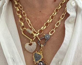 18k gold plated link chain necklace/ carabiner, cz paved heart, star