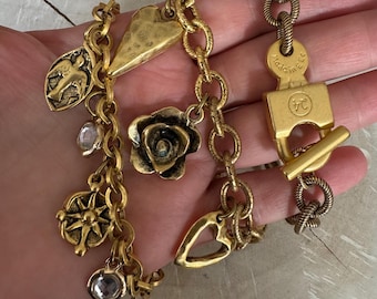 Antiqued gold plated links bracelets/artisan charms,padlock, heart, dove, flower, leaf, Swarovski crystal