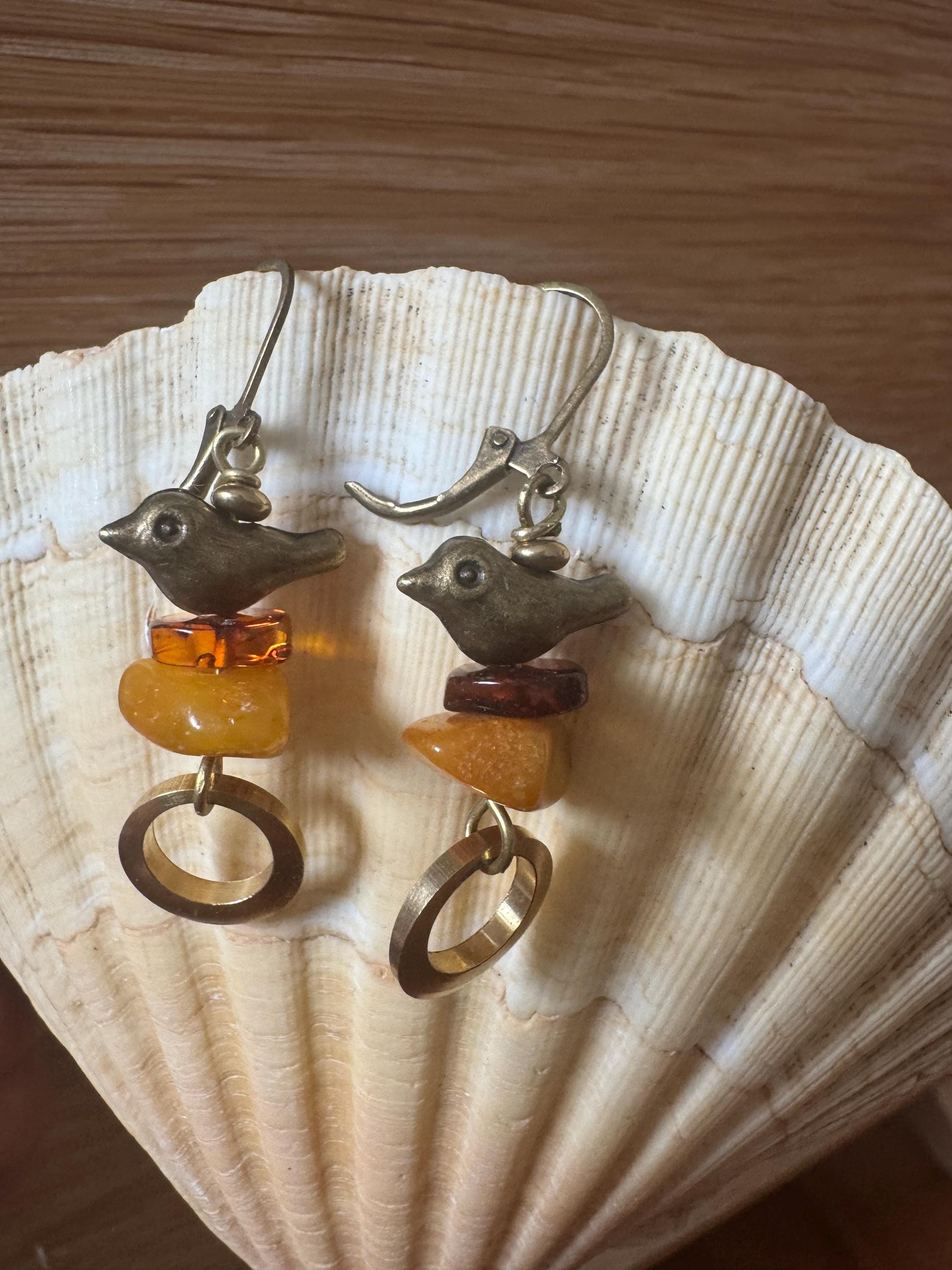 Orecchini In Argento 925 Con Ambra Baltica A Forma Di Colibrì, Colori Cognac, Verde E Limone - 3
