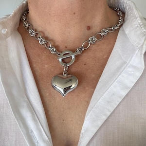 Silver heart necklace with chunky links chain , toggle clasp