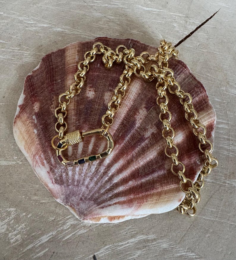 May include: A gold-colored necklace with a large carabiner-style clasp featuring a row of colorful stones. The necklace is composed of a chain of rounded links. The jewelry rests on a large, textured seashell with brown and tan hues.