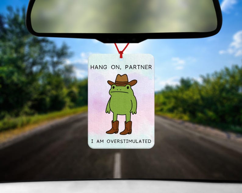 May include: A rectangular car air freshener with a cartoon frog wearing a cowboy hat and boots. The text "HANG ON, PARTNER" and "I AM OVERSTIMULATED" are printed on the front. The air freshener is hanging from a red string.