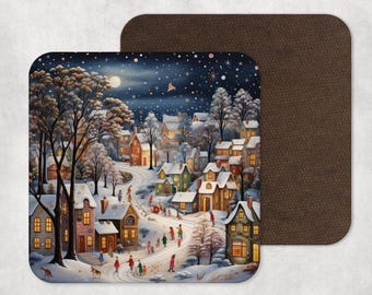 Christmas drinks coaster - village in winter - village snow scene - full moon snowfall - festive coaster - Christmas gift - secret Santa